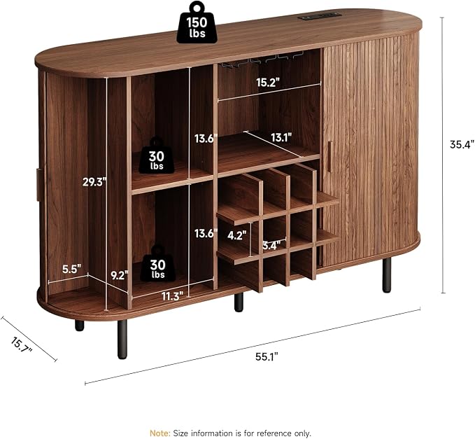 ONBRILL 55" Fluted Wine Bar Cabinet with LED Light Walnut