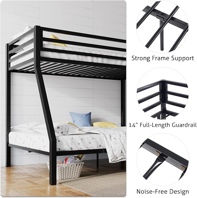 SHA CERLIN Bunk Bed Twin Over Full Size with Ladder and Guardrail,Black