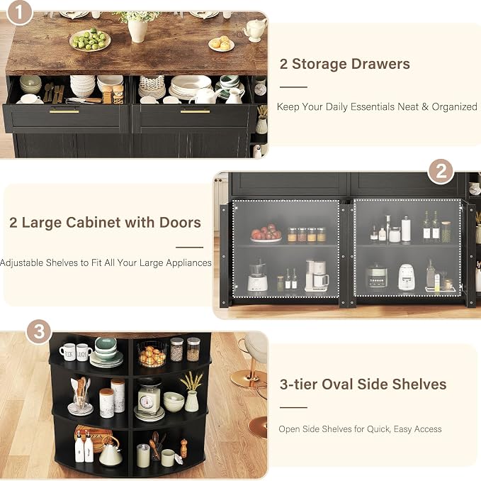 HSH 63 Inch Large Kitchen Island with Storage and Seating, Rustic Brown