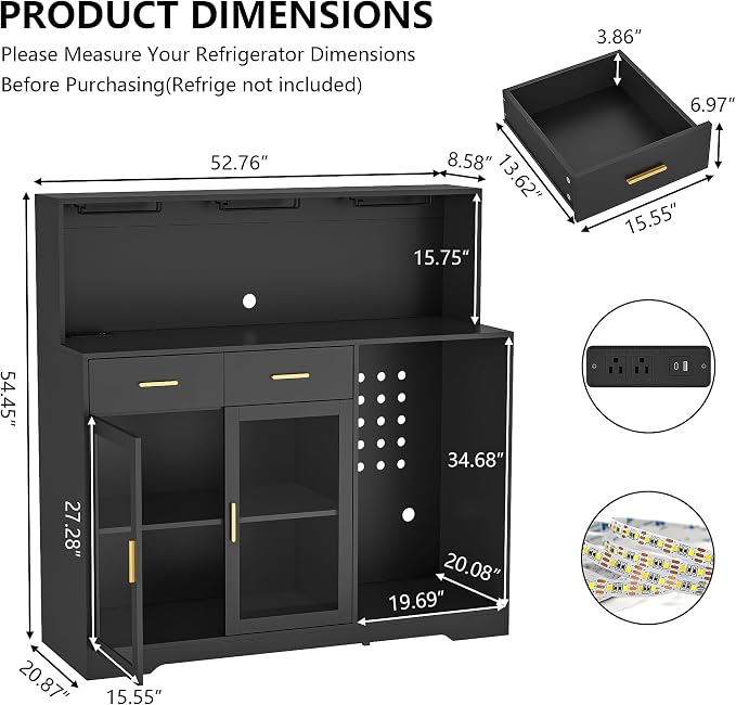 Gyfimoie 53" Wine Bar Cabinet with Fridge Space & Outlets, Large Coffee Bar Table with Storage Drawer,Liquor Cabinet with Wine Rack for Home, Living Room, Dining Room, Kitchen (Black)