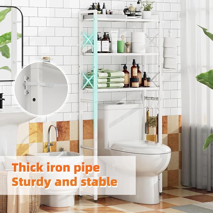 Simple Trending Over The Toilet Storage Rack with Toilet Paper Holder, Heavy Duty Metal 3 Tier Bathroom Organizer Shelf with 3 Hooks, White