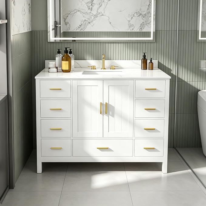 Montary 48" Bathroom Vanity with Sink & 49" Carrara Quartz Top | with 3 Pre-Drilled Faucet Holes, Solid Wood Cabinet, Soft-Close Double Doors & 9 Smooth-Glide Drawers,White
