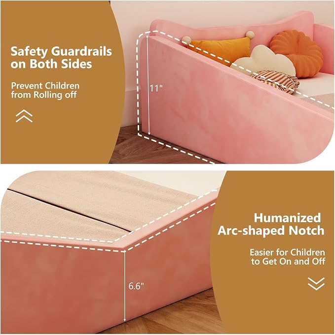 JOYMOR Toddler Bed, Floor Bed with Safety Guadrail, Montessori Toddler Bed with Animal Ear Shapes, Soft Velvet Wood Bed for Infant, Kids, Mattress not Included (Pink)