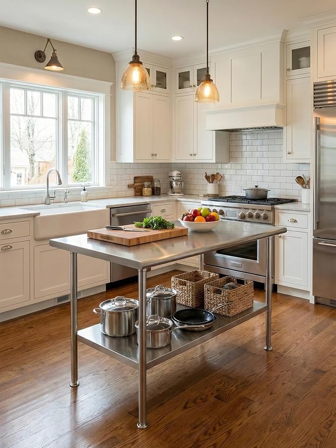 Atelicf NSF Stainless Steel Prep Table 30X72 inch, Rounded Flat Top