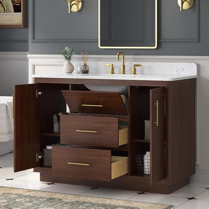48 Inch Bathroom Vanity with Sink, Fully-Assembled, Warm Elm | Solid Wood Frame, Carrara Engineered Stone Top and Backsplash, Ceramic Sink, Soft-Close Doors and 3 Full-Extension Drawers