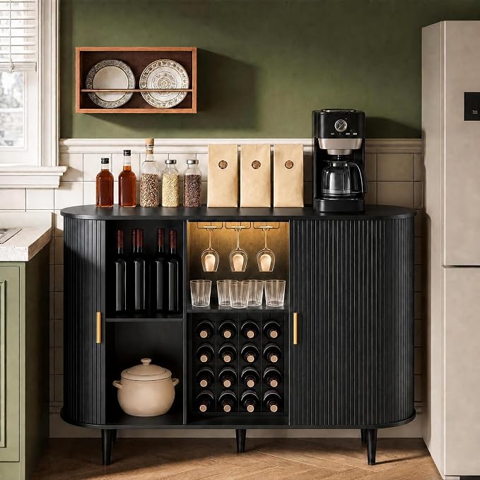 DHH 55" Wine Bar Cabinet with Storage, Fluted Liquor & Coffee Bar Cabinet with Wine Rack and Glass Holder, Buffet Sideboard with LED Lights for Home Kitchen Living Dining Room(Black)