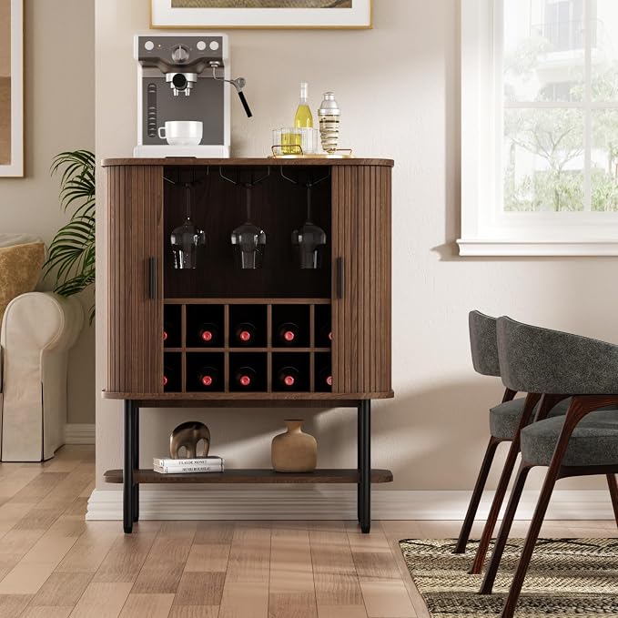 Coffee Bar Cabinet with Storage, Fluted Wine Cabinet with Sliding Doors