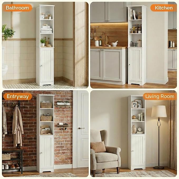 Bonnlo Narrow Cabinet, 67" Tall Slim Bathroom Storage Cabinet 12" Wide White Skinny Linen Cabinet with 3 Open Shelves Single Door Adjustable Shelf Space Saving Corner Pantry
