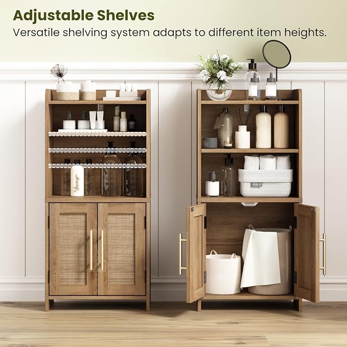 Small Bathroom Storage Cabinet with 2 Doors & Shelf,Rattan Natural | Narrow Storage Organizer, Toilet Paper Floor Cabinets Freestanding, for Small Spaces, Laundry Room, 7.8" D x 14.6" W x 31" H
