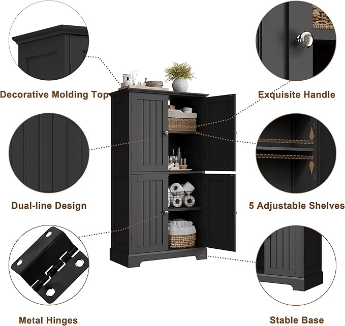 ChooChoo Bathroom Floor Cabinet with Adjustable Shelves | Bathroom Storage Cabinet, 4 Doors, Freestanding Cupboard for Living Room, Black