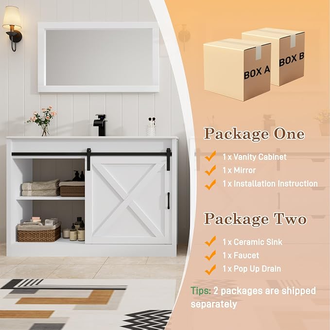 chartustriable 47 Inch Bathroom Vanity with Sink & Faucet & Mirror, Farmhouse Bathroom Vanity Cabinet Set with Sliding Barn Door & Drawers, Large Single Bath Storage Vanity Sink, White