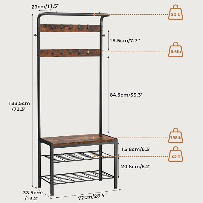 DUMOS 5-in-1 Hall Tree with Coat Rack and Shoe Bench, Industrial Entryway Storage Organizer with Top Hanging Rod, 10 Movable Hooks & Side Hooks, Mudroom Bench with 2-Tier Shoe Rack, Dark Brown