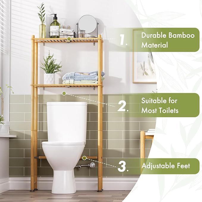 AmazerBath Bamboo Over The Toilet Storage Shelf, 2-Tier Over Toilet Organizer Rack, Freestanding Above Toilet Shelf for Bathroom, Laundry, Space Saver, Natural Color
