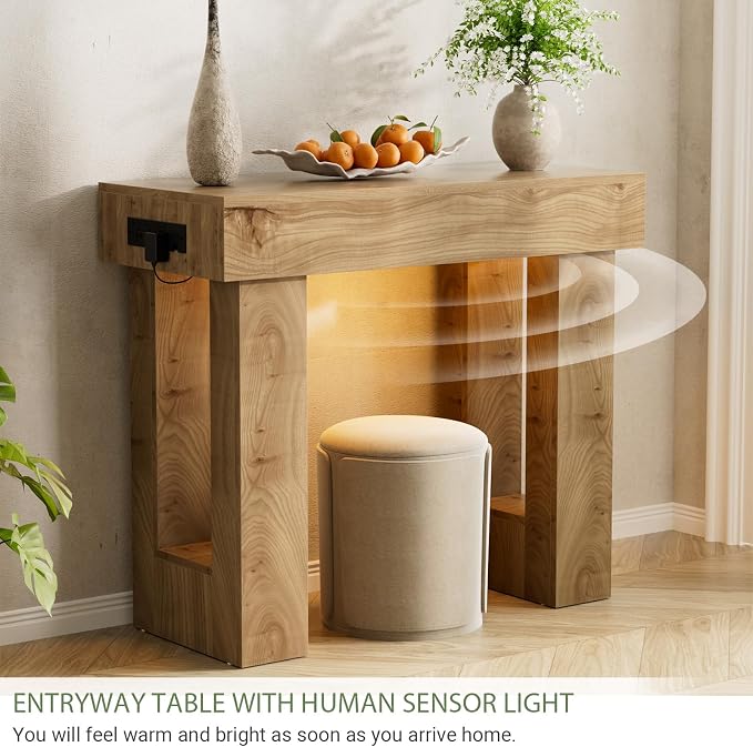 Unikito 39" Entry Table with Sensor Light and Power Outlets, Natural Oak