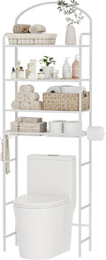 4-Tier Over The Toilet Storage, Bathroom Organizer | Space-Saving, 72"H Above Toilet Storage Rack with 4 Hooks and Paper Holder, Metal Shelf, White