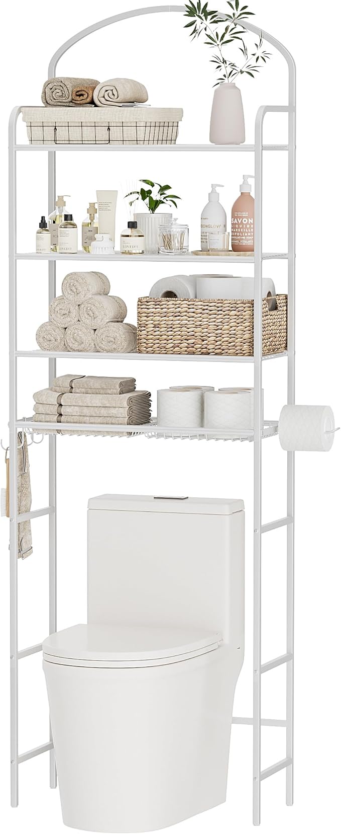 4-Tier Over The Toilet Storage, Bathroom Organizer | Space-Saving, 72"H Above Toilet Storage Rack with 4 Hooks and Paper Holder, Metal Shelf, White