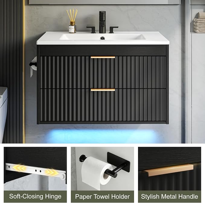 30 Inch Floating Bathroom Vanity with Sink & Towel Holder, Fluted Wall Mounted Vanity Cabinet, Modern Bathroom Combo with LED Light, Metal Handle & Double Soft-Closing Drawers, Black