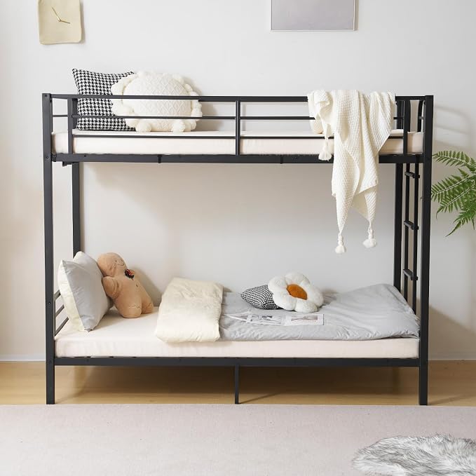 Bonnlo Metal Bunk Bed Twin Over Twin with LED Lights and Charging Station, Heavy Duty Twin Bunk Bed with 13.4-Inch Guardrails, Non-Slip Ladder, 8-Inch Underbed Storage, No Box Spring Needed, Black