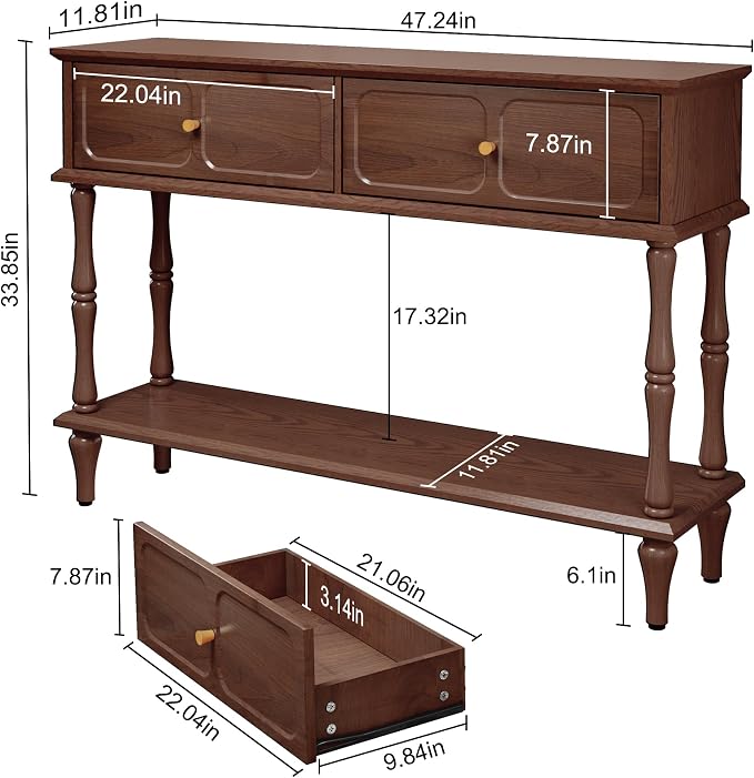 ARTPOWER 47" Mid-Century Console Table, 2 Drawers and Open Shelf, Brown