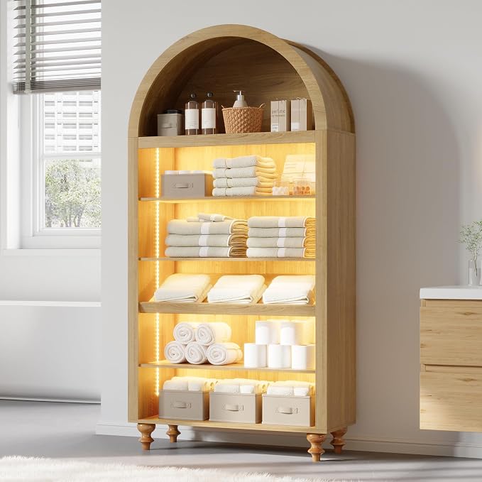 71" Tall Arch Bookcase, Modern Arched Storage Cabinet with Sensor LED Lights, 6-Tier Bookshelf with 2 Adjustable Shelves, Wood Display Cabinet for Living Room, Home Office (Natural Oak)