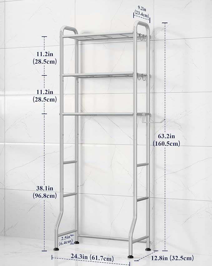 Kitsure Over Toilet Storage Rack, 63.2" H Space-Saving, Holder & Hooks | Bathroom, Laundry Room, Small Spaces, Families, Durable Metal, Silver, 3 Tier