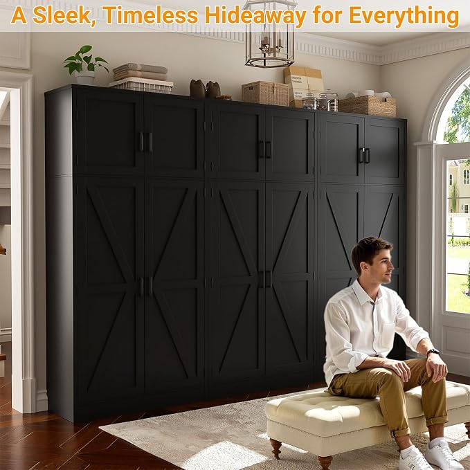 Unikito 71” Kitchen Pantry Storage Cabinet with Adjustable Shelves, 2 Pack | Large Farmhouse Storage Cupboard, Barn Doors, Sturdy and Deep, Versatile for Dinning Room, Living Room, Bathroom, Black