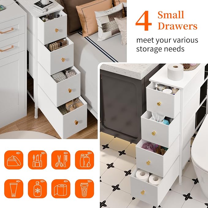 Fixwal Narrow Storage Cabinet, Slim Dresser with 4 Fabric Drawers, White | 9.5in width, sturdy & stable structure, solid steel frame, wooden top, suitable for bedroom, bathroom & laundry room