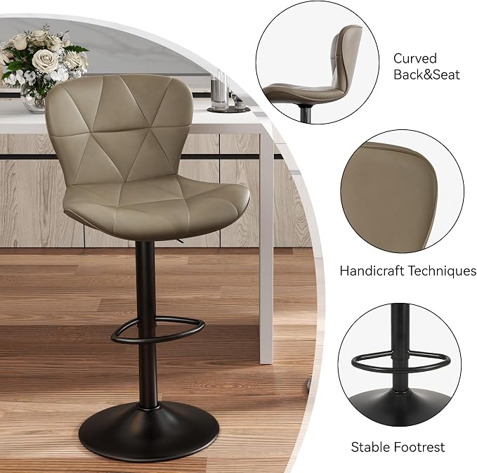 Nalupatio Modern Bar Stools Set of 3, Adjustable Faux Leather Upholstered Swivel Bar Stools, Counter Height Bar Chairs with Back for Kitchen Island, Dark Khaki