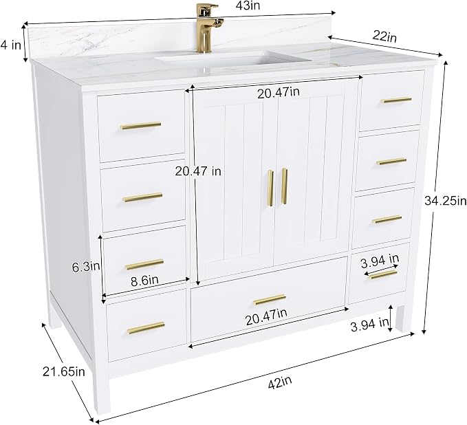 Montary 42" Bathroom Vanity with Sink & 43" Carrara Sintered Stone Top | with 1 Pre-Drilled Faucet Holes, Solid Wood Cabinet, Soft-Close Double Doors & 9 Smooth-Glide Drawers,White