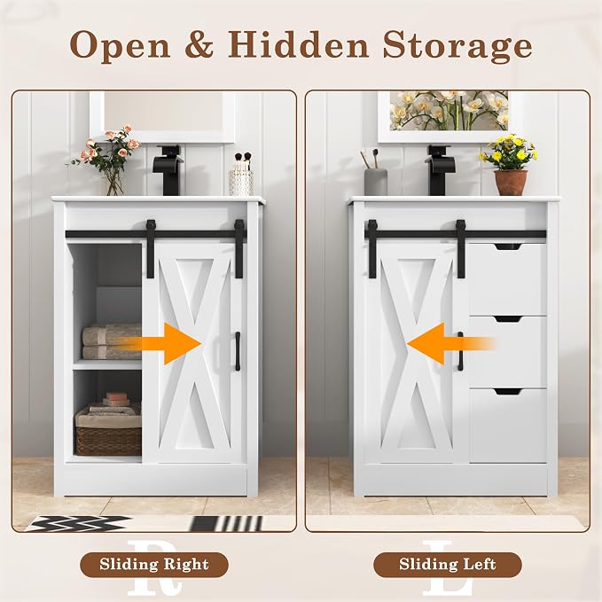 chartustriable 24 Inch Bathroom Vanity with Sink & Faucet & Mirror, Farmhouse Bathroom Vanity Cabinet Set with Sliding Barn Door & Drawers, Small Single Bath Storage Vanity Sink, White