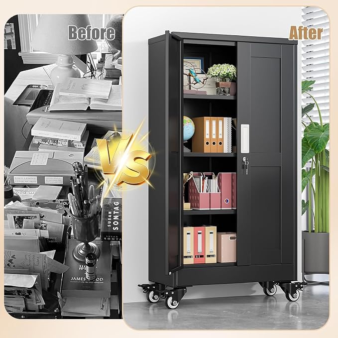 47" Metal Garage Storage Locker Cabinet with Wheels,Rolling Black Kitchen Pantry Cabinet with 2 Doors and 3 Adjustable Shelves, Steel File Tool Cabinet for Home Office Living Dinning Room Warehouse