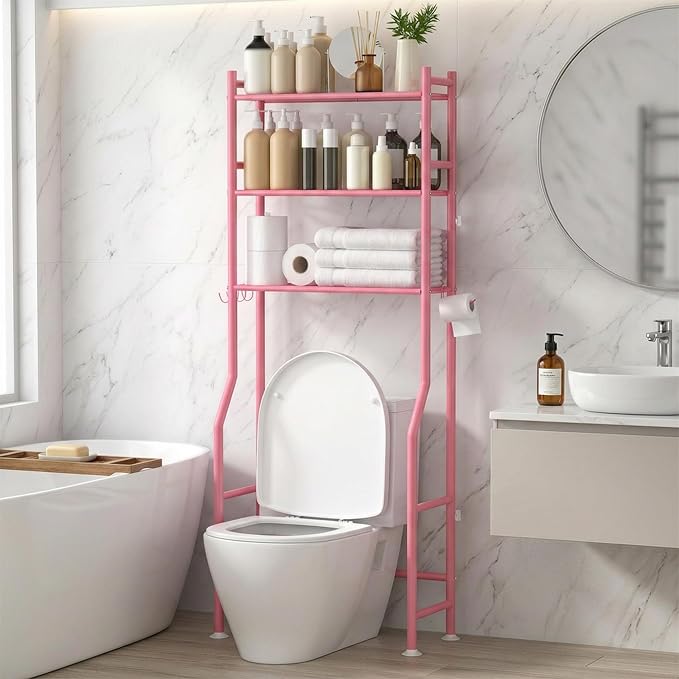 GloTika 3-Tier Over Toilet Storage, Anti-Tilt, 64" H, Pink | Anti-Tilt Safety System, 150lb Capacity, Carbon Steel, Freestanding, No Drilling, Anti-Rust Coating, Paper Holder & 4 Hooks
