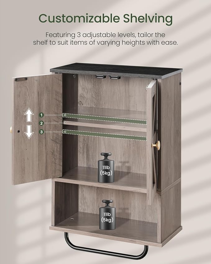 CHOEZON Bathroom Wall Cabinet, Medicine Cabinet with Open Partition and Towel Bar, Rustic Storage Cabinet with Open and Hidden Storage Space, for Bathroom, Living Room, Greige and Charcoal Black