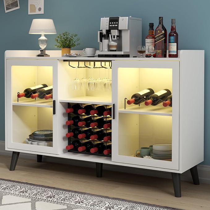 Wine Bar Cabinet with LED Light, Home Coffee Cabinet w/ Wine & Glass Holder