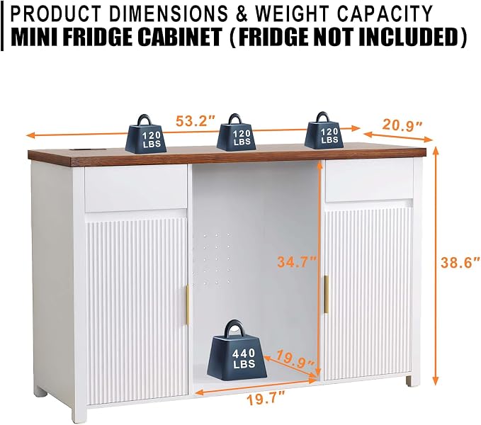 GDLF 53.2" Coffee Bar Cabinet with Fridge Space,Fluted Sideboard,White