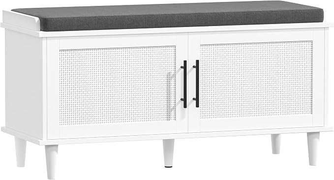 Akxomel 39.4" Rattan Shoe Storage Bench 2 Doors Wooden Entryway Bench White