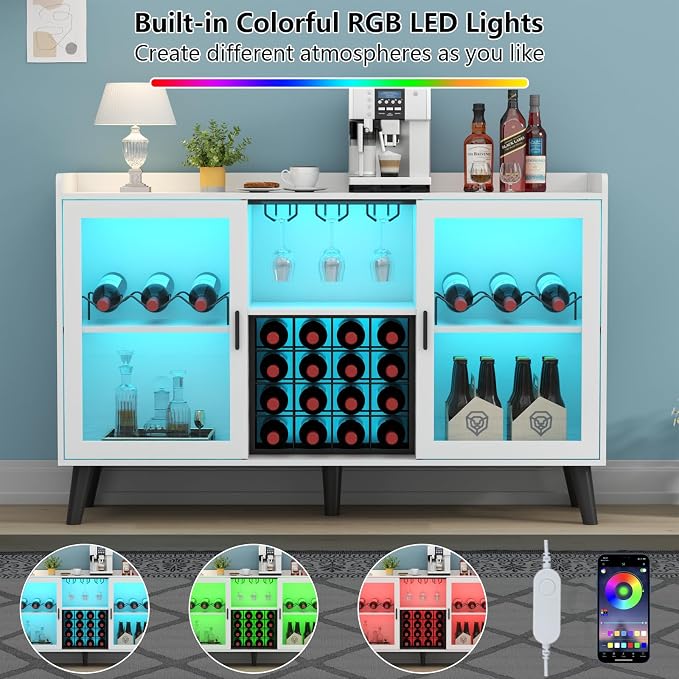 Wine Bar Cabinet with LED Light, Home Coffee Cabinet w/ Wine & Glass Holder