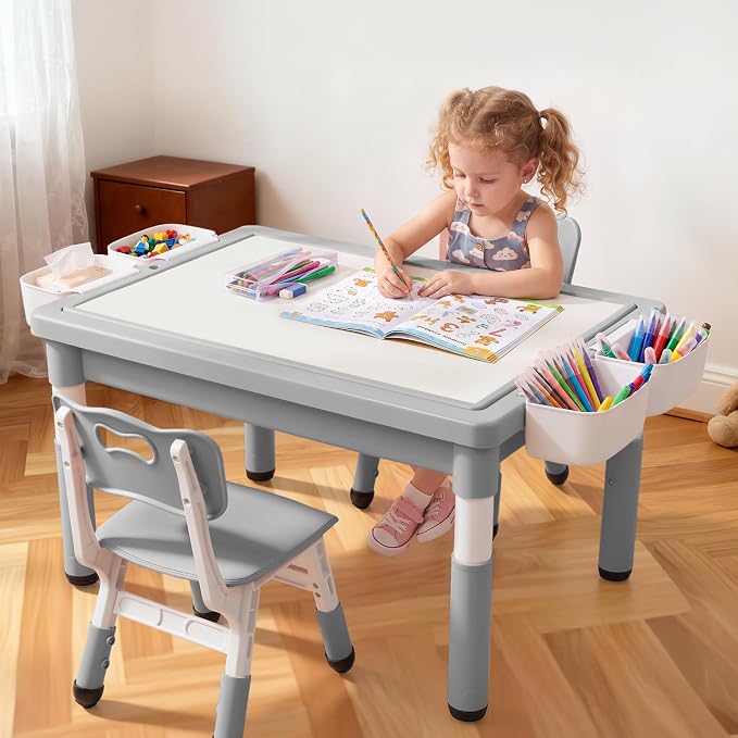 Kinder King Kids Table & 2 Chairs Set, Adjustable Heights, Storage, Grey