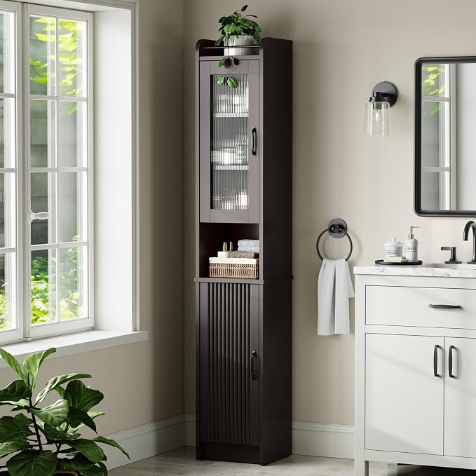 71'' Tall Bathroom Cabinet, Narrow Slim Storage Cabinet, Freestanding Fluted Floor Linen Tower for Small Space Bathroom Oragnizer for Living Room Kitchen (Espresso)