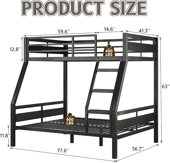 Feonase Metal Bunk Bed Twin Over Full with Ladder and High Guardrail, Heavy-Duty Metal Slats Support, Noise Free, No Box Spring Needed, for Kids and Juniors, Black