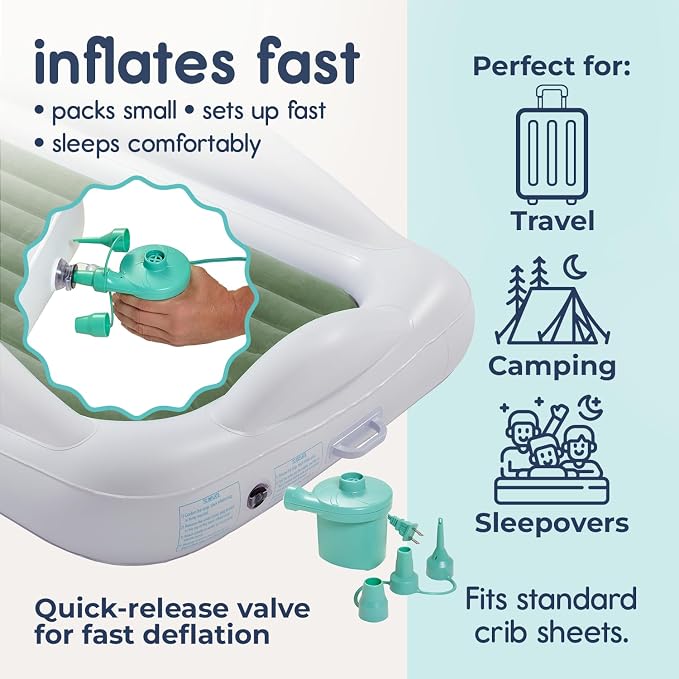 Hiccapop Inflatable Toddler Bed with Safety Bumpers, Kids Travel Bed, Sage