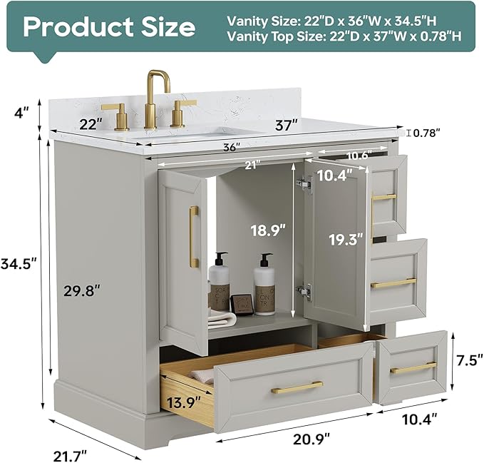 36 Inch Bathroom Vanity with Sink Combo, Greige | Solid Wood Frame with Marble Top & Backsplash & Ceramic Sink, Fully-Assembled with Soft-Closing Doors & 4 Dovetail Drawers