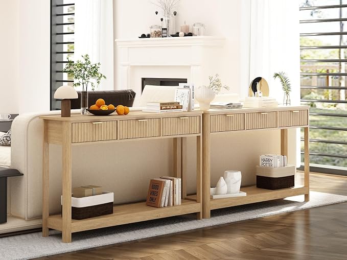 RUSTOWN Fluted Wood Console Table with 3 Drawers, 47.2" Boho Entryway Table