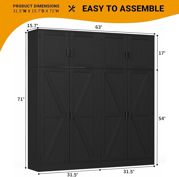 Unikito 71” Kitchen Pantry Storage Cabinet with Adjustable Shelves, 2 Pack | Large Farmhouse Storage Cupboard, Barn Doors, Sturdy and Deep, Versatile for Dinning Room, Living Room, Bathroom, Black