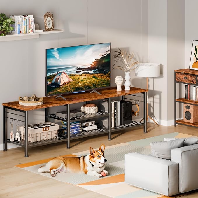 Furologee 63 Inch TV Stand, Entertainment Center with Shelves, Rustic Brown