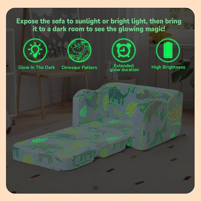MeMoreCool Glow in the Dark Dinosaur Toddler & Kids Couch, Fold Out Sofa