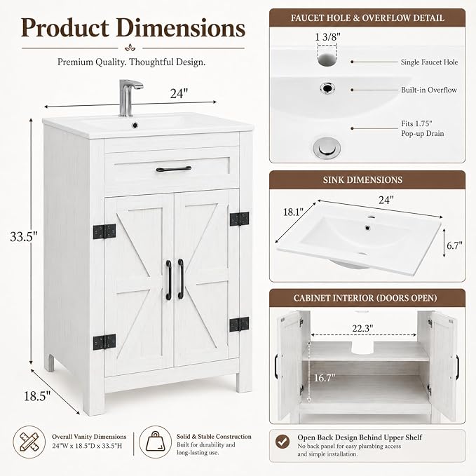 VINGLI 24 Inch Farmhouse Bathroom Vanity with Sink, Antique White Undermount Vanity Sink Cabinet with Barn Doors & U-Shaped Shelf, Freestanding Bathroom Storage Cabinet, Single Hole Ceramic Basin