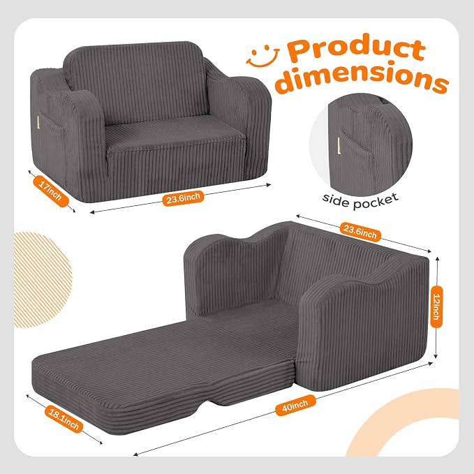 MeMoreCool Kids Chair, 2-in-1 Corduroy Fold Out Sofa, Foam Seat, Dark Grey
