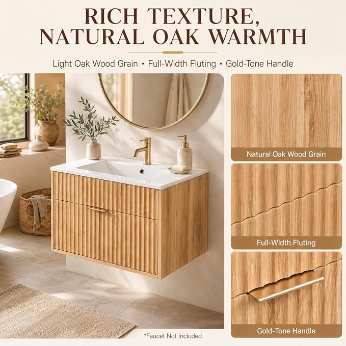 VINGLI 24 Inch Floating Bathroom Vanity with Sink, Wall-Mounted Natural Oak Cabinet with Fluted Drawer, Full-Extension Storage and Gold-Tone Handle