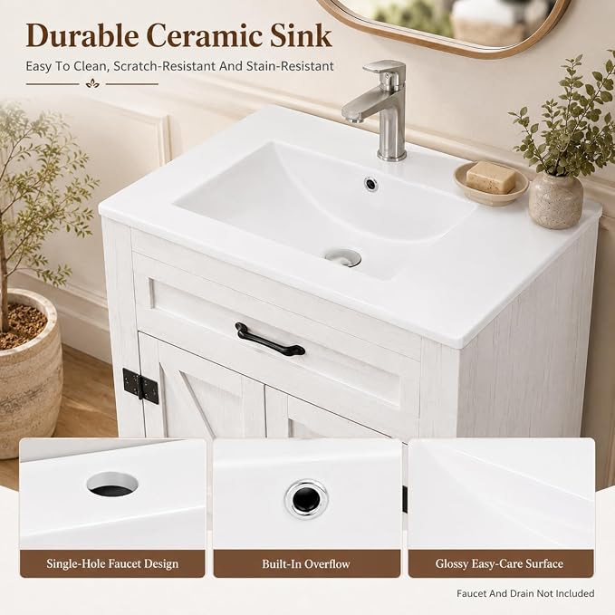 VINGLI 24 Inch Farmhouse Bathroom Vanity with Sink, Antique White Undermount Vanity Sink Cabinet with Barn Doors & U-Shaped Shelf, Freestanding Bathroom Storage Cabinet, Single Hole Ceramic Basin